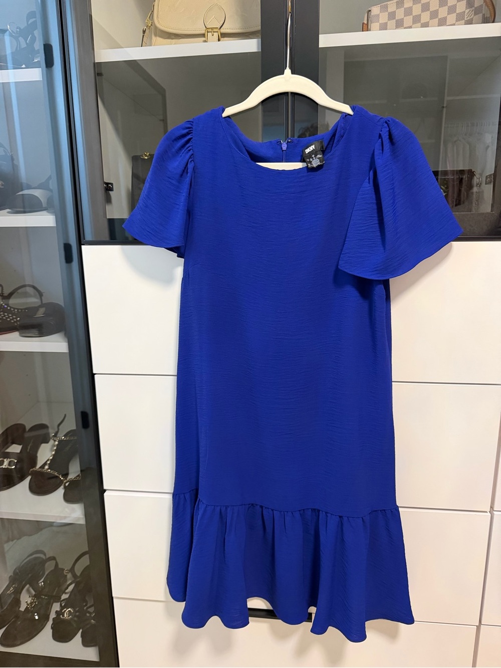 DKNY Royal Blue Flutter Sleeve Ruffle Hem Dress